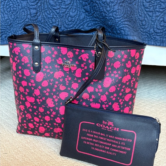 Coach Reversible Navy and Pink Floral City Tote Bag - Picture 1 of 6
